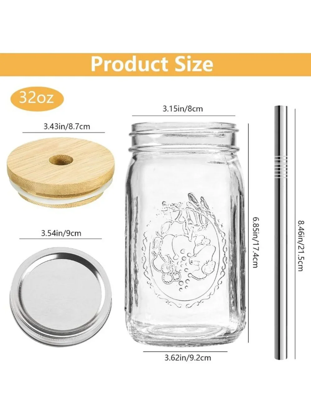 4-Pack Vintage Mason Jars 32oz with Bamboo Lids | Wide Mouth Glass Cups for Iced
